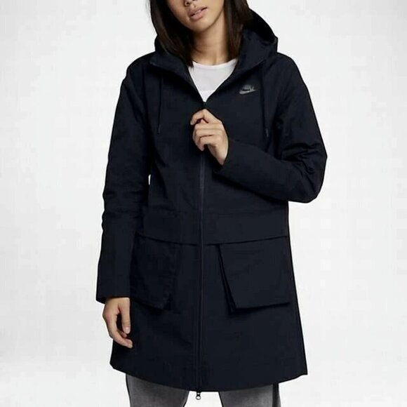 Nike Hooded Parka Jacket Women’s Small Black Water Resistant Packable Midi Coat - Picture 3 of 11